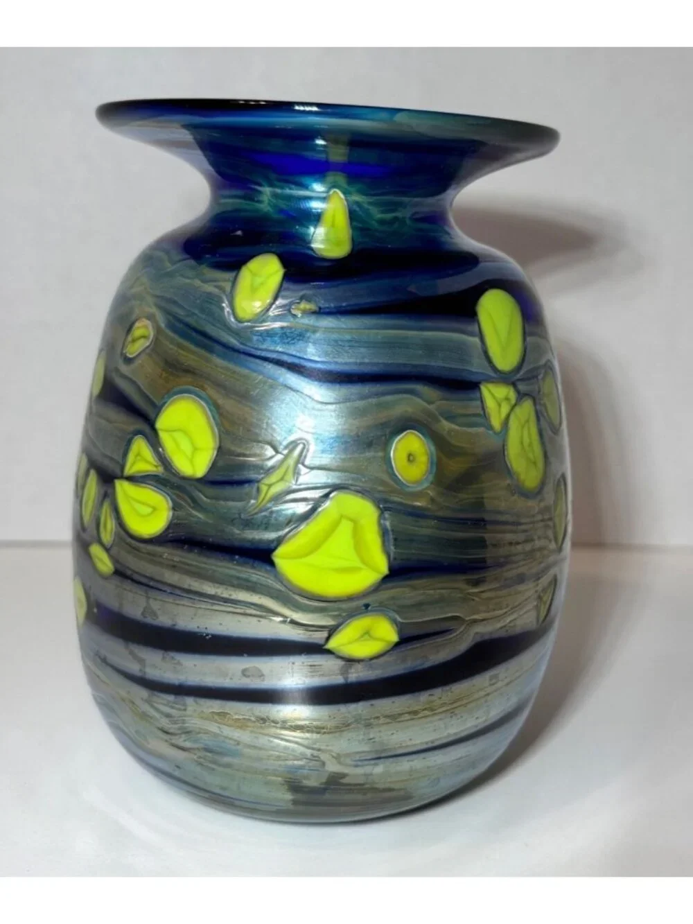 Iridescent Blue Art Studio Glass Vase Signed by Artist Rick Hunter Cobalt Blue G